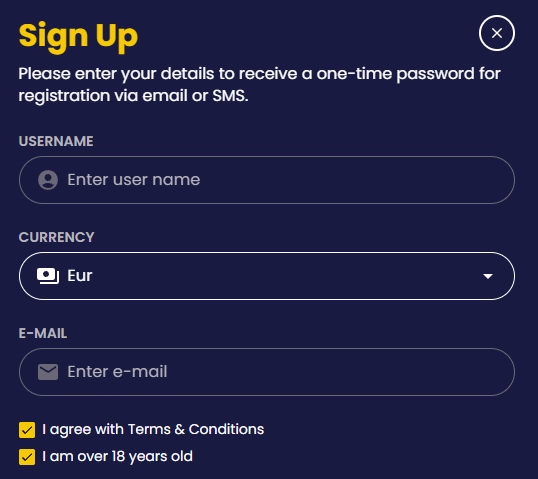 Bubbles Bet registration form with username, currency, email and age confirmation fields